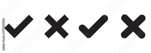 Right or wrong icons. True or false. Correct or  incorrect. Tick and cross icons, symbols set. Yes or no symbol, approved or rejected icon for user interface.