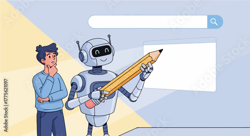 AI content creation Robot with pencil assists a thoughtful man in online search concept for digital marketing AI writing SEO and automation.