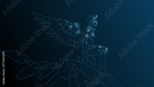 A man Icarus stands on the edge of a cliff. A man with wings behind a kick before flight.Vector abstract illustration wireframe, network, low poly.