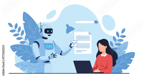 Ai data analysis robot assistant helping a businesswoman with document review on laptop in a modern office illustrating future of work