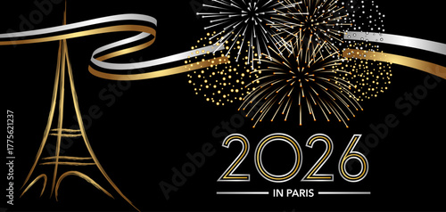 2026 - Bannière pour fêter le nouvel an sur le thème des festivité nocturnes à Paris avec des feux d’artifice et la tour Eiffel stylisée - or et argent sur fond noir.