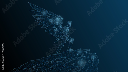 A man Icarus stands on the edge of a cliff. A man with wings behind a kick before flight.Vector abstract illustration wireframe, network, low poly.
