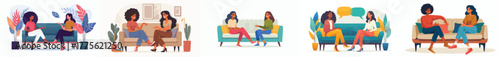vector of 2 fomale friends talking casually on the sofa