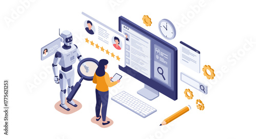 AI recruitment analyzing candidate profiles on a computer human resources and automation for hiring showing HR tech and innovation.