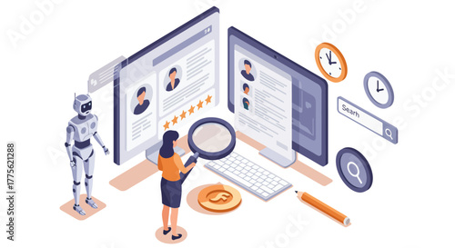 AI recruitment analyzing candidate profiles with a magnifying glass reviewing job applications for HR efficiency and faster hiring decisions using automation