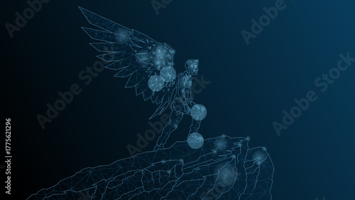 A man Icarus stands on the edge of a cliff. A man with wings behind a kick before flight.Vector abstract illustration wireframe, network, low poly.