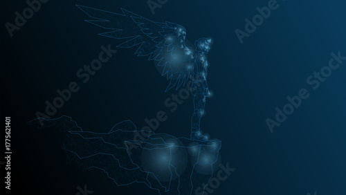 A man Icarus stands on the edge of a cliff. A man with wings behind a kick before flight.Vector abstract illustration wireframe, network, low poly.