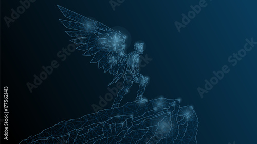 A man Icarus stands on the edge of a cliff. A man with wings behind a kick before flight.Vector abstract illustration wireframe, network, low poly.