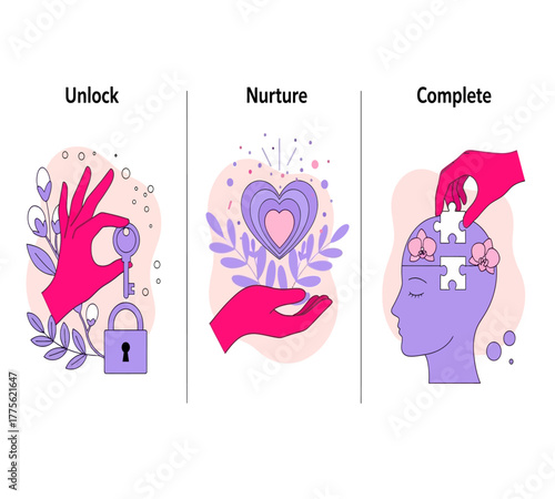 Conceptual illustration of unlocking potential, nurturing growth, and completing tasks isolated on white background