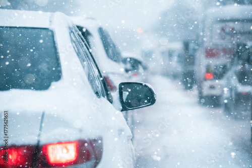 Traffic jam on a city street in winter