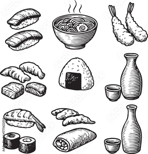 Hand-drawn Japanese Sushi Food Set Vintage