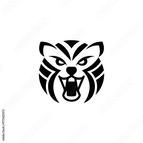 Stylized black and white tiger head roaring fiercely on transparent background silhouette