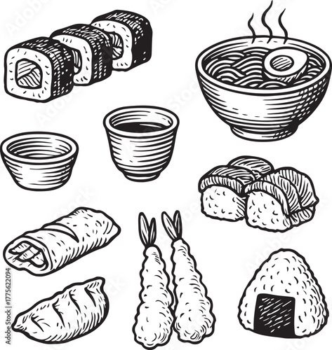 Hand-drawn Japanese Sushi Food Set Vintage