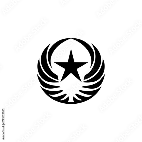Black star encircled by stylized wings illustration on transparent background silhouette