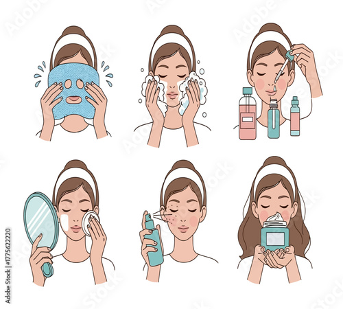 A woman is doing a skincare routine with different products, including a mask, cleanser, serum, toner, moisturizer, and cotton pad, isolated on white background