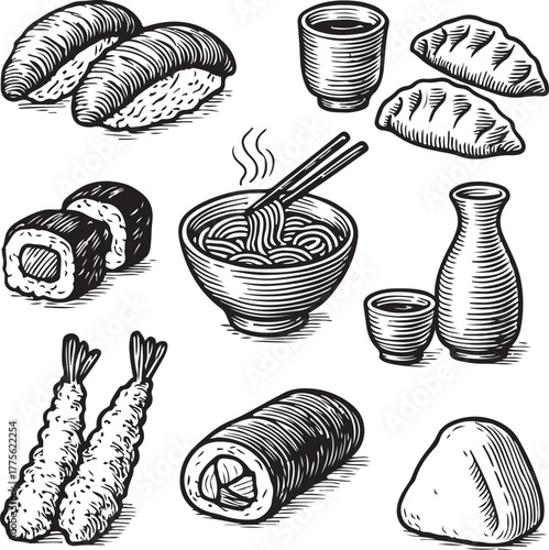 Hand-drawn Japanese Sushi Food Set Vintage