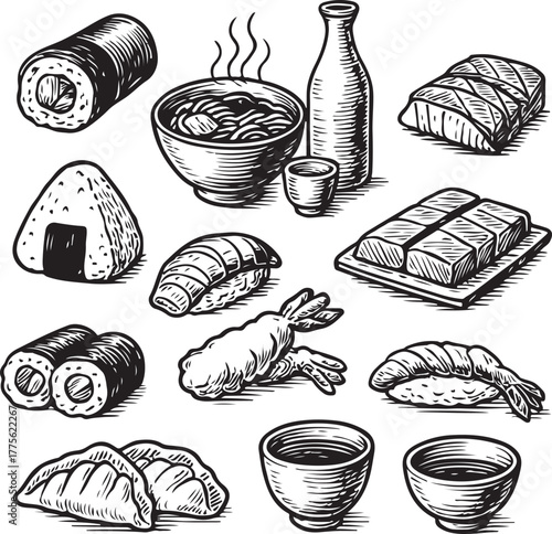 Hand-drawn Japanese Sushi Food Set Vintage