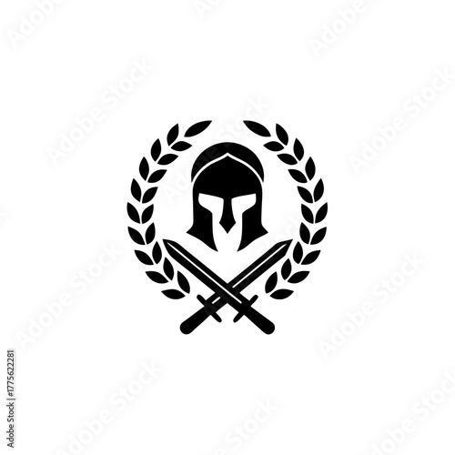 Spartan helmet with crossed swords and laurel wreath on transparent background silhouette