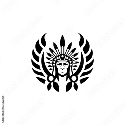 Illustration of a tribal chief with feather headdress on transparent background silhouette