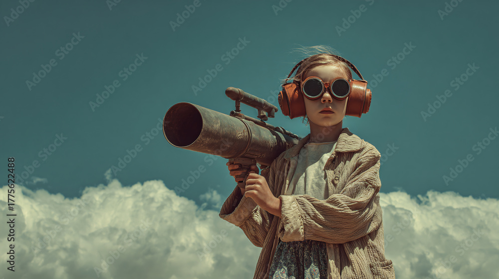 Obraz premium Child carrying large bazooka weapon in post-apocalyptic desert landscape