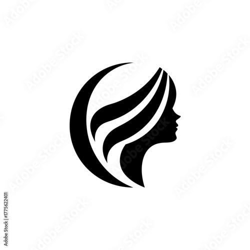 Silhouette of a woman with flowing hair in a circle on transparent background