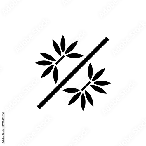 Illustration of bamboo stalk with leaves in black on transparent background silhouette