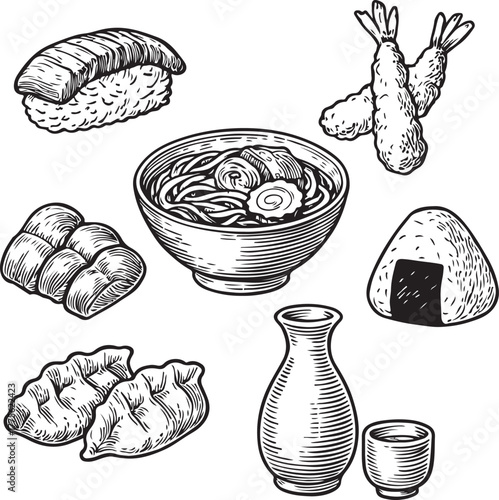 Hand-drawn Japanese Sushi Food Set Vintage