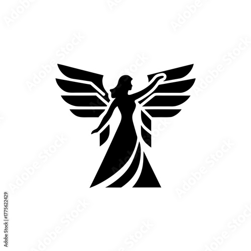 Silhouette of winged woman reaching with her arm up on transparent background