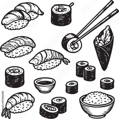 Hand-drawn Japanese Sushi Food Set Vintage