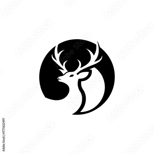Illustration of a deer head inside a black circle on transparent background silhouette