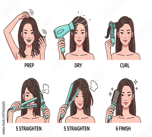 A stepbystep guide to hair styling, showing the process of brushing, drying, curling, and straightening hair, finishing with a brush, isolated on white background