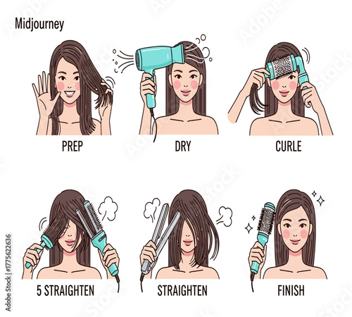 A stepbystep guide to hair styling, showing the process of brushing, drying, curling, and straightening hair, finishing with a brush, isolated on white background