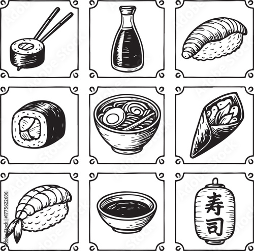 Hand-drawn Japanese Sushi Food Set Vintage