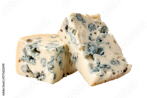 Two slices of blue cheese, pale cream color with scattered dark blue veins