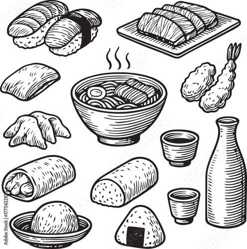 Hand-drawn Japanese Sushi Food Set Vintage