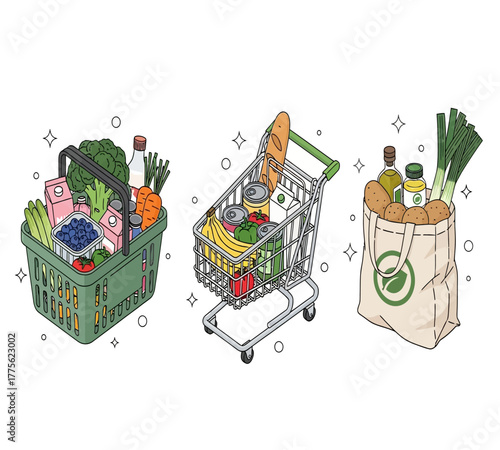 Illustration of a shopping basket, shopping cart, and tote bag filled with groceries, isolated on white background the items include fruits, vegetables, bread, and other food products