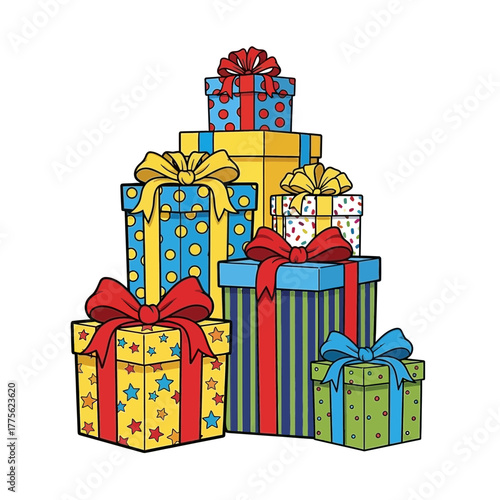 Gift Pile: A vibrant stack of wrapped gift boxes adorned with colorful ribbons, ideal for celebrating joyful moments. 