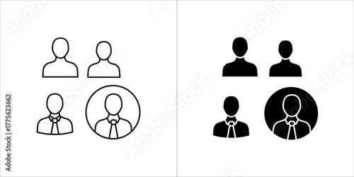 Two outline and two filled icons representing people, one with a tie