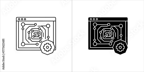 Computer circuit board inside a window with a gear icon, symbolizing software development and settings