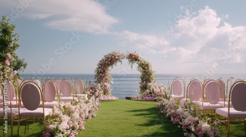 Romantic wedding ceremony setup on a lawn with sea view, elegant floral arch and timeless cinematic detail.
