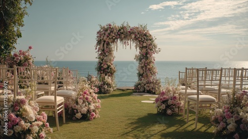 Romantic wedding ceremony setup on a lawn with sea view, elegant floral arch and timeless cinematic detail.