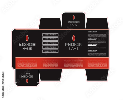 Medicine Packaging Design: a modern, detailed flatlay design of medicine packaging, incorporating clean lines, bold fonts, and a sleek, minimalist aesthetic.