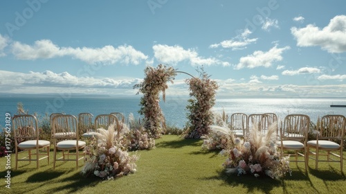 Romantic wedding ceremony setup on a lawn with sea view, elegant floral arch and timeless cinematic detail.