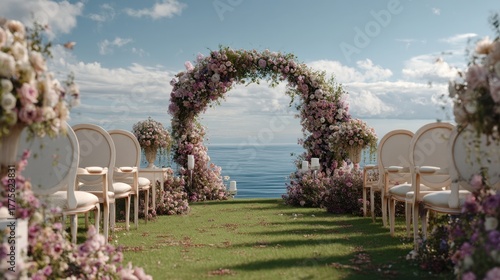 Romantic wedding ceremony setup on a lawn with sea view, elegant floral arch and timeless cinematic detail.