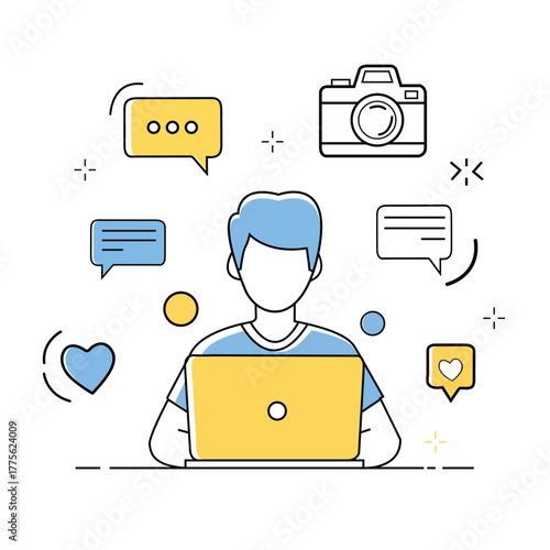 Minimalist line art illustration of a person working on a laptop surrounded by social media and communication icons
