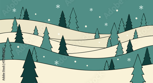 Winter landscape with snow covered hills and pine trees