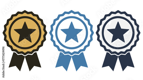 Three award ribbon badges with star isolated on white background