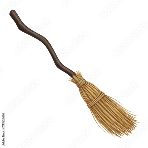 Classic Witch Broomstick Isolated on White Background Realistic Stock Image
