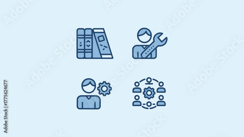 Icons representing server, maintenance, management, and teamwork on light background