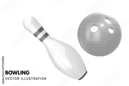 Halftone bowling pin and ball. Black dotted vintage bowling equipment isolated on white background. Vector illustration.